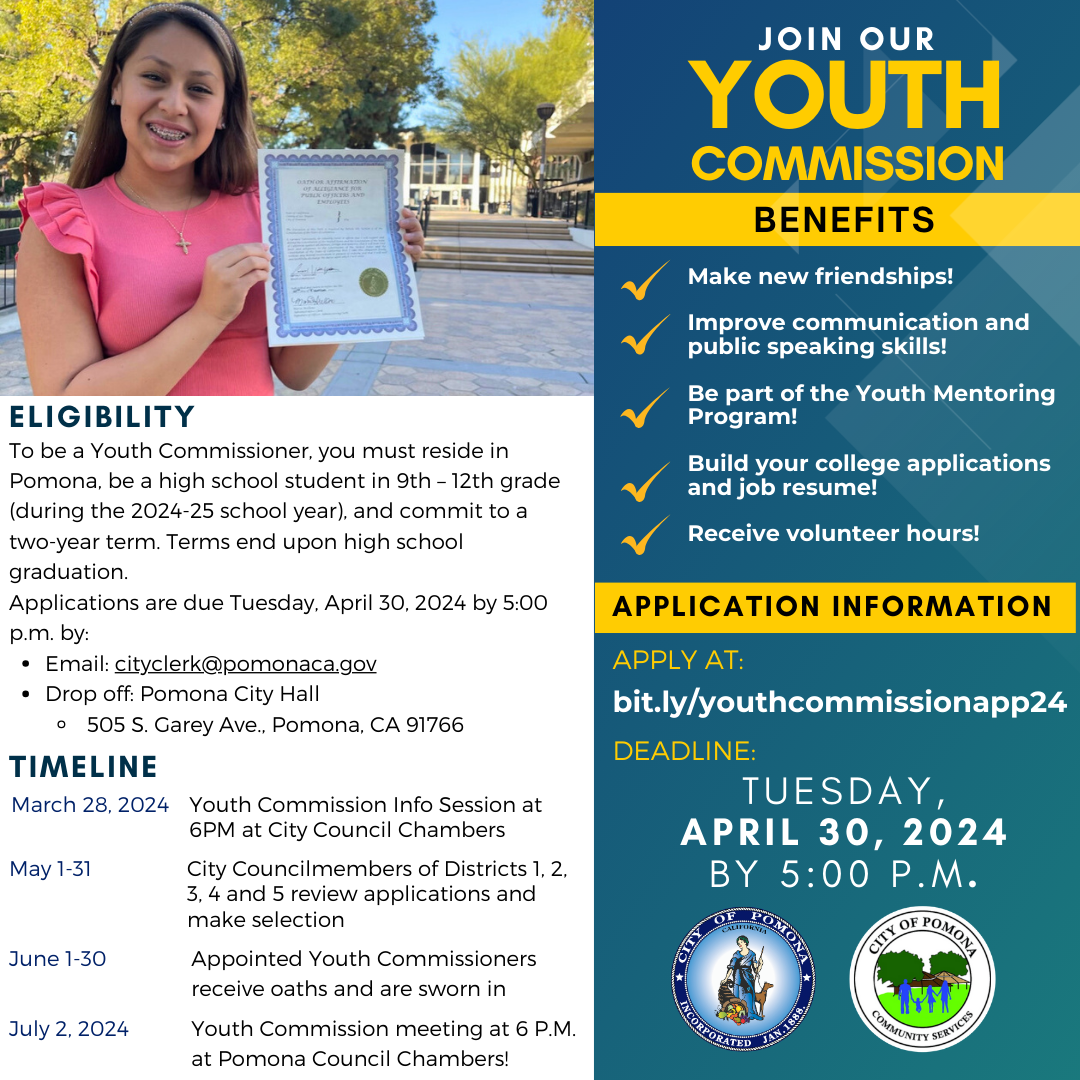 City of Pomona Youth Commission Flyer - image of deadline 